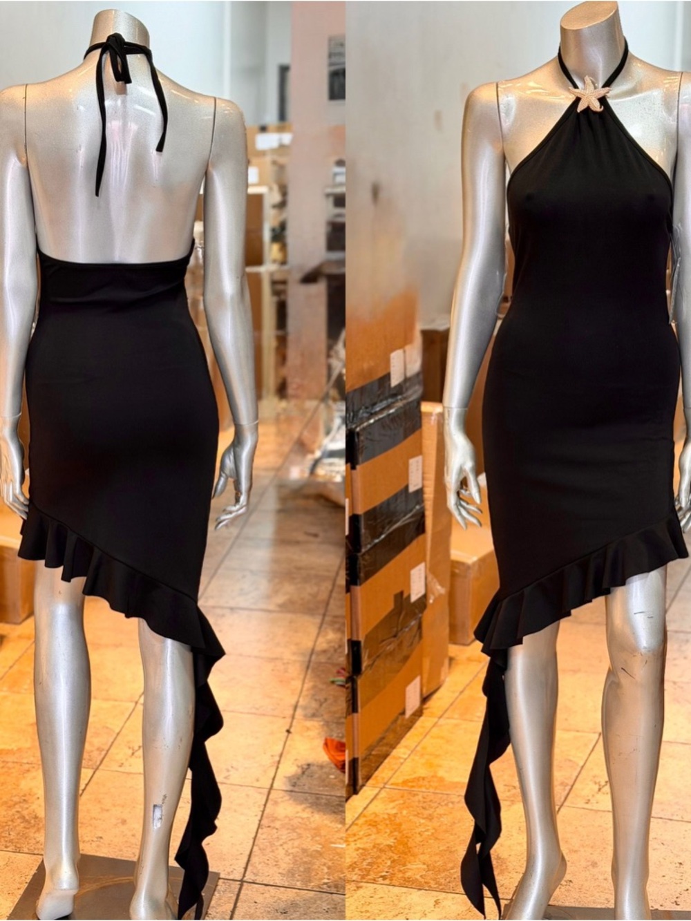 Elegant Black Halter High-Low Ruffle Dress